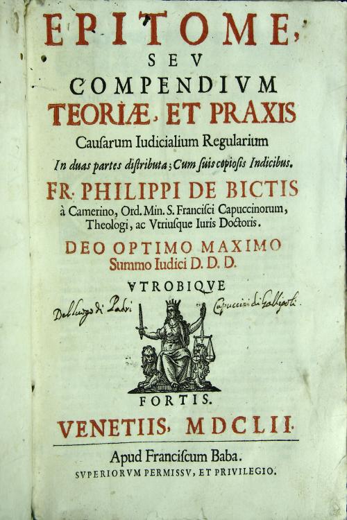 "Epitome, seu Compendium teoriae, et praxis causarum iudicialium regularium in duas partes distributa; cum suis copiosis indicibus. 