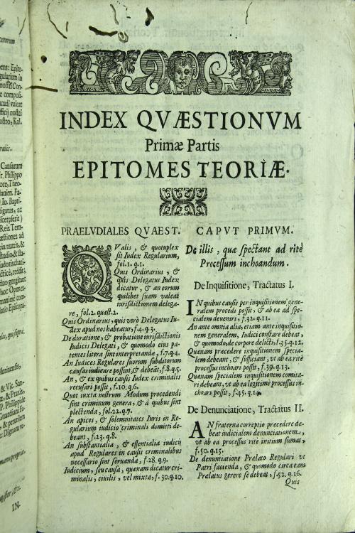 "Epitome, seu Compendium teoriae, et praxis causarum iudicialium regularium in duas partes distributa; cum suis copiosis indicibus. 