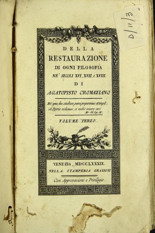 Della restaurazione di ogni filosofia ne' secoli 16., 17. e 18. di Agatopisto Cromaziano. Volume terzo