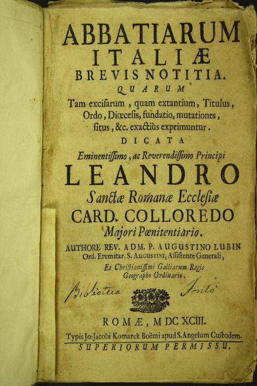 Abbatiarum Italiae brevis notitia. Quarum tam excisarum, quam extantium, titulus, ordo, dioecesis, fundatio, mutationes, situs, etc. exactius exprimuntur. ... Authore rev. adm. p. Augustino Lubin ...