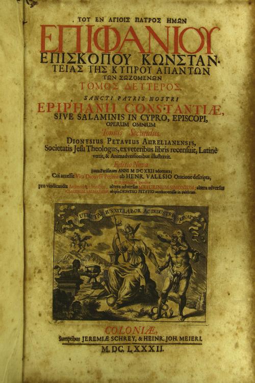 Tou en agiois patos W1E0emW1E0on Epiphaniou episkopou Konstanteias ... Apanta ta sozomena. Sancti patris nostri Epiphanii Constantiae, sive Salaminis in Cypro, episcopi, opera omnia in duos tomos distributa. 
