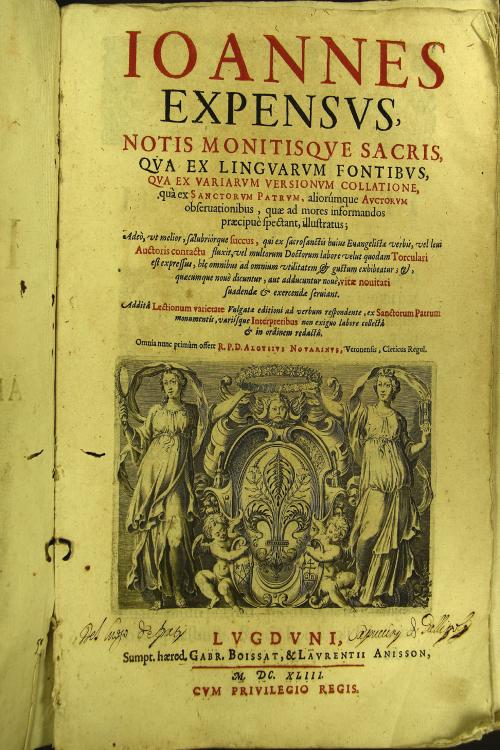 "Ioannes expensus, notis monitisque sacris, qua ex linguarum fontibus, qua ex variarum versionum collatione, ... illustratus; ... Addita lectionum varietate Vulgatae editioni ad verbun respondente, ... Omnia primum offert R. P. D. Aloysius Nouarinus, ... "