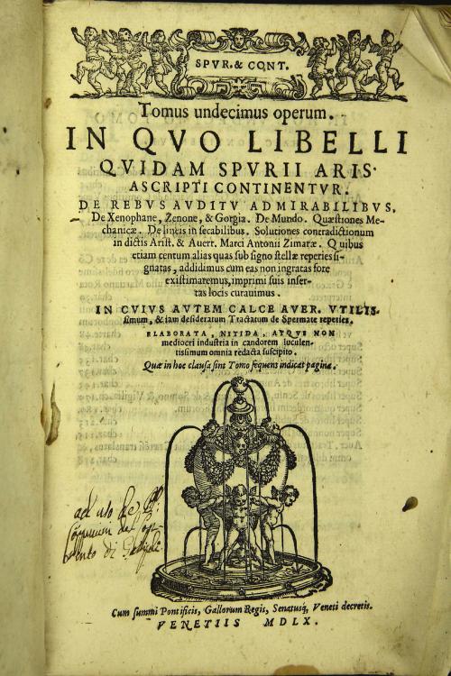 Spur. et Cont. Tomus undecimus operum. In quo libelli quidam spurii Aris. ascripti continentur. De rebus auditu admirabilibus.