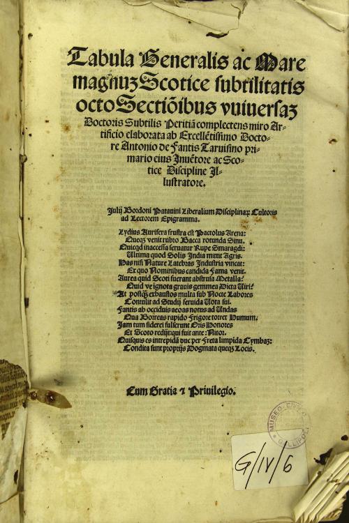 Tabula generalis ac Mare magnum Scotice subtilitatis octo sectionibus vniuersam Doctoris Subtilis peritiam complectens miro artificio elaborata ab excellentissimo
