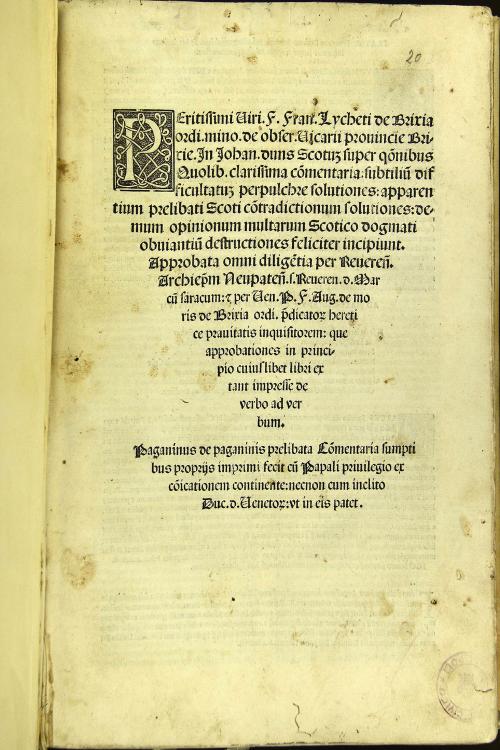 Peritissimi viri. F. Fran. Lycheti de Brixia ... In Iohan. duns Scotum super quaestionibus Quolib. clarissima commentaria: subtilium difficultatum perpulchre solutiones ... incipiunt ...