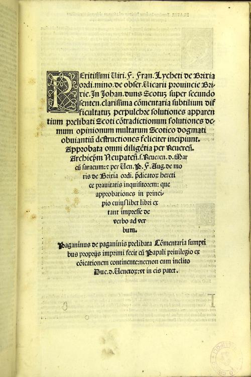 Peritissimi viri. F. Fran. Lycheti de Brixia ... In Iohan. duns Scotum super quaestionibus Quolib. clarissima commentaria: subtilium difficultatum perpulchre solutiones ... incipiunt ...