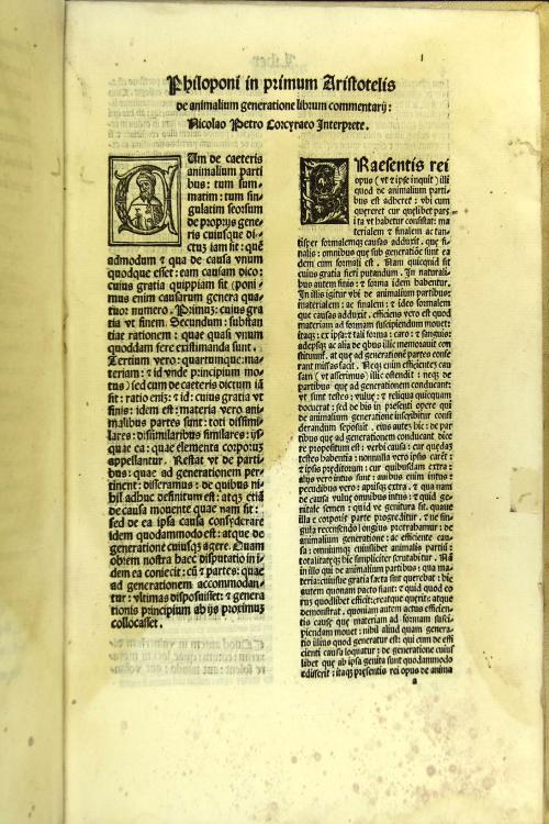 Aristotelis Quinque de animalium generatione libri ex interpretatione Theodori Gazae cum Philoponi: seu Ioannis Grammatici commentarijs per Nicolaum Petrum Corcyraeum accuratissime e graeco in latinum conuersis