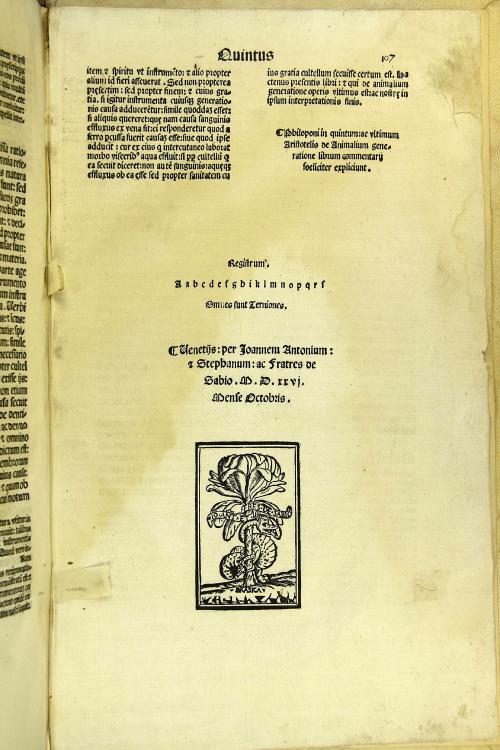Aristotelis Quinque de animalium generatione libri ex interpretatione Theodori Gazae cum Philoponi: seu Ioannis Grammatici commentarijs per Nicolaum Petrum Corcyraeum accuratissime e graeco in latinum conuersis