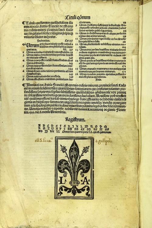 Franciscus de Mayronis In sententias. Preclarissimum illuminati doctoris Francisci de Mayronis in quattuor sententiarum libros scriptum seu conflatum, cum eiusdem quolibetis formalitatibus tractatu de primo principio de diuinorum nominum explanatione, et de vniuocatione entis opusculo .