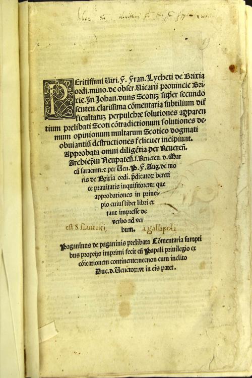 Peritissimi viri. F. Fran. Lycheti de Brixia ... In Iohan. duns Scotum super secundo senten. clarissima commentaria subtilium difficultatum perpulchre solutiones ... incipiunt ...