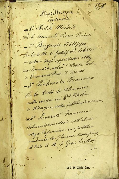 Per lo barone D. Rocco Piccioli. Commessario di questa Causa e' D. Domenico Salomone Consultor di Sicilia. Caporuota del S. R. C. e Ministro nella Regal Camera di S. Chiara.