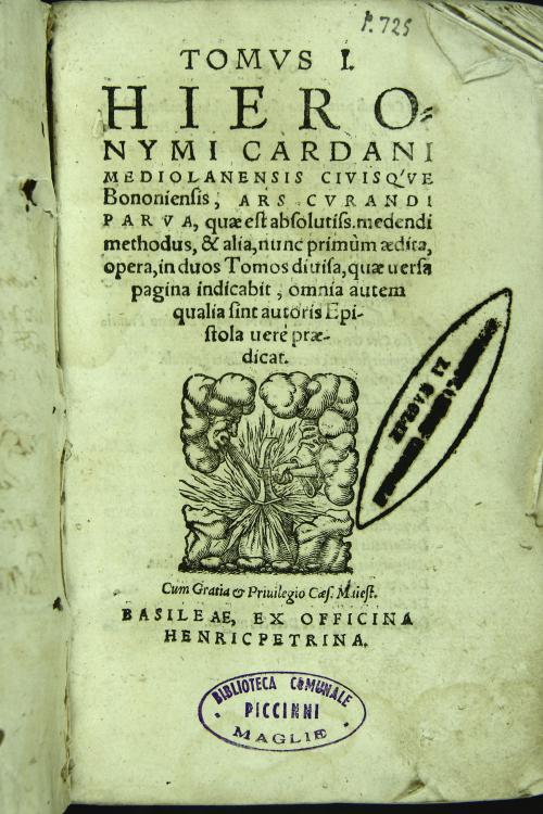 "Tomus primus (-secundus) Hieronymi Cardani Mediolamensis ciuisque Bononiensis; Ars curandi parua, quae est absolutis medendi methodus, et alia, nunc primum aedita, opera, in duos tomos diuisa, quae uersa pagina indicabit, omnia autem qualia sint autoris epistola uere praedicat "