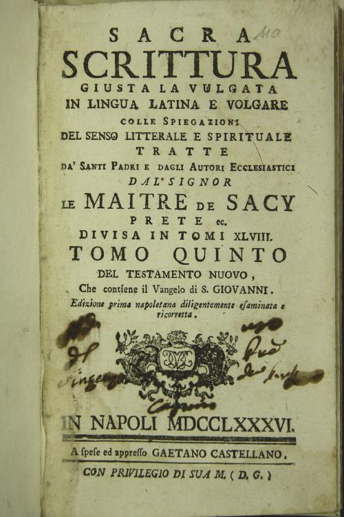 Sacra Scrittura giusta la vulgata in lingua latina e volgare colle spiegazioni del senso litterale e spirituale tratte da' Santi Padri e dagli autori ecclesiastici dal signor Le Maitre de Sacy prete ec. divisa in tomi 48. Tomo XV